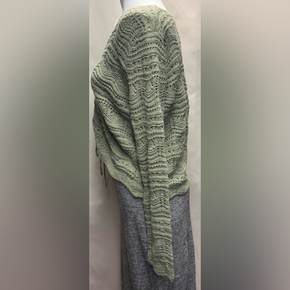 Women's Beach Off Shoulder Hollowed Out Horn Sleeve Drawstring Knitted Sweater - Picture 3 of 7